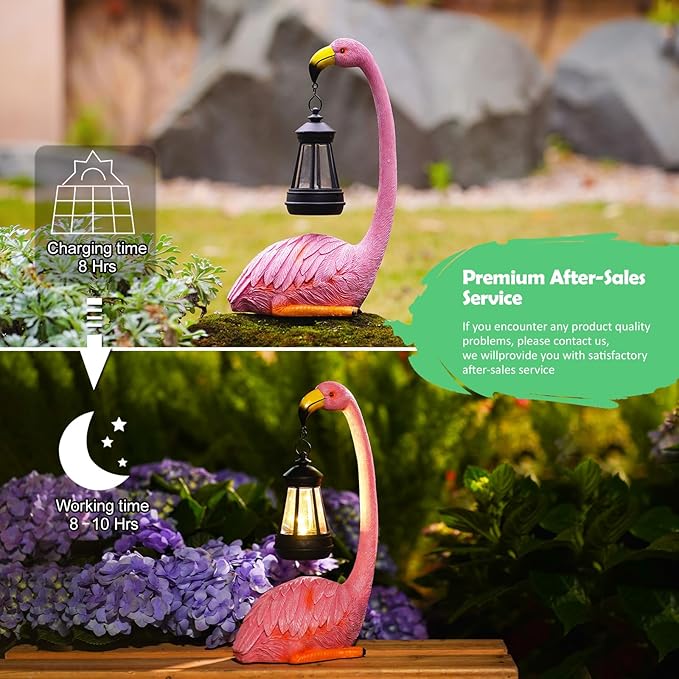 Solar Flamingo Statues for Garden Decor: Outdoor Figurines Sculpture with Lantern for Lawn Patio Yard Balcony - Gifts for Mom Grandma