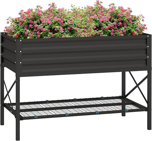 Outsunny Raised Garden Bed with Galvanized Steel Frame, Storage Shelf and Bed Liner, Elevated Planter Box with Legs for Vegetables, Flowers, Herbs, Black