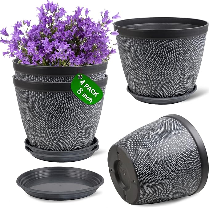 Quarut 4 Pack 8 Inch Flower Pots Planters for Outdoor Indoor, Plastic Plant Pots with Drainage Hole & Tray, Modern Decorative Garden Pot with Saucer, planters for House (Gray)