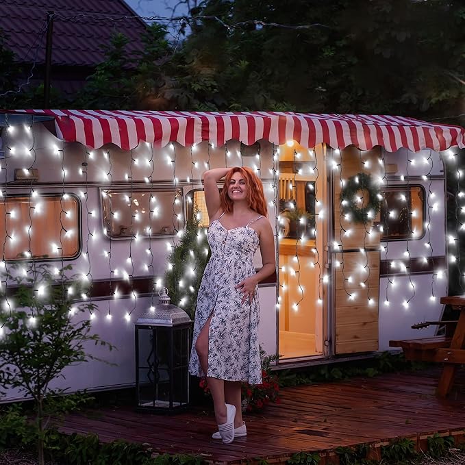 echosari Solar Powered Curtain Lights 33ftx 3ft 500 LED Outdoor Curtain Lights Waterproof with Timer 8 Modes for Christmas Garden Patio Fence Wedding Wall Window Gazebo Decor - Cool White