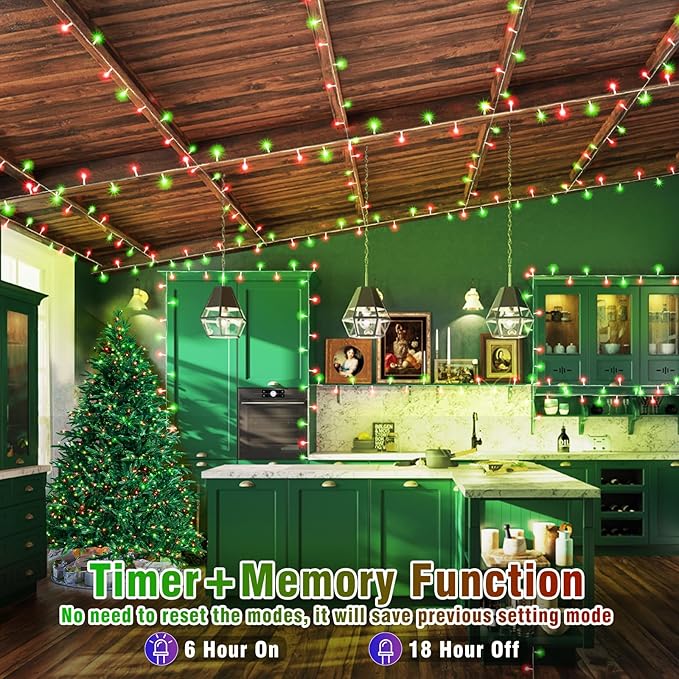 300 LED Christmas Lights Outdoor - 99ft Extra Long Christmas String Lights 8 Modes Plug in Waterproof Fairy Lights with Timer Memory for Indoor Outside Bedroom Home Party Decoration, Red&Green