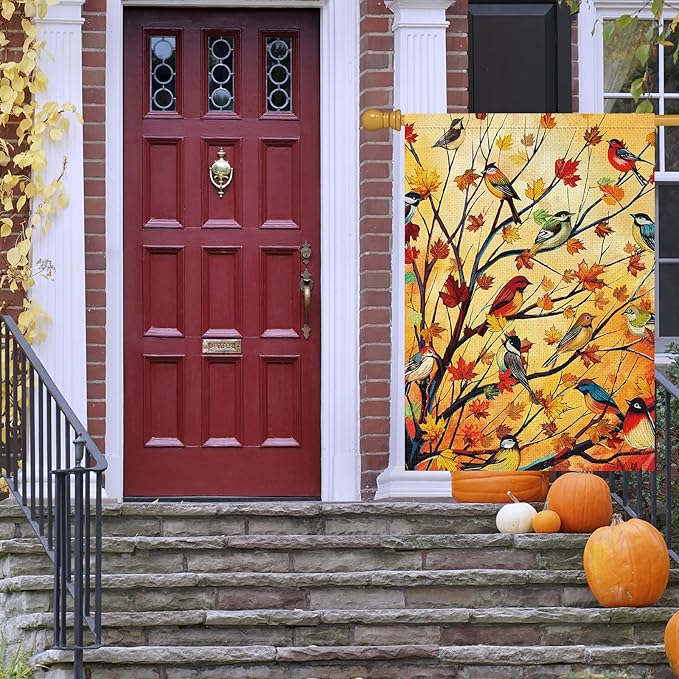 Louise Maelys Welcome Fall Garden House Flag 28x40 Inch Double Sided, Autumn Maple Tree Birds Large Burlap Garden Flag Fall Thanksgiving Outside Outdoor House Yard Decor (Only Flag)