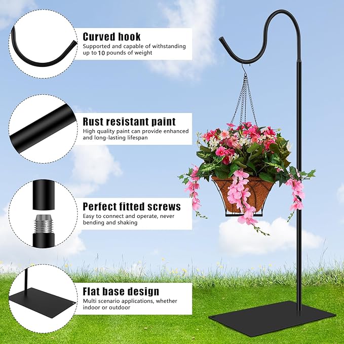 Hummingbird Feeder Stand, Adjustable 20-63 Inch Shepherds Hook for Outdoor Indoor, Bird Feeder Pole with Base & Water Weight Bag for Wind Chimes, Hanging Plants(Hummingbird Feeders Not Include)