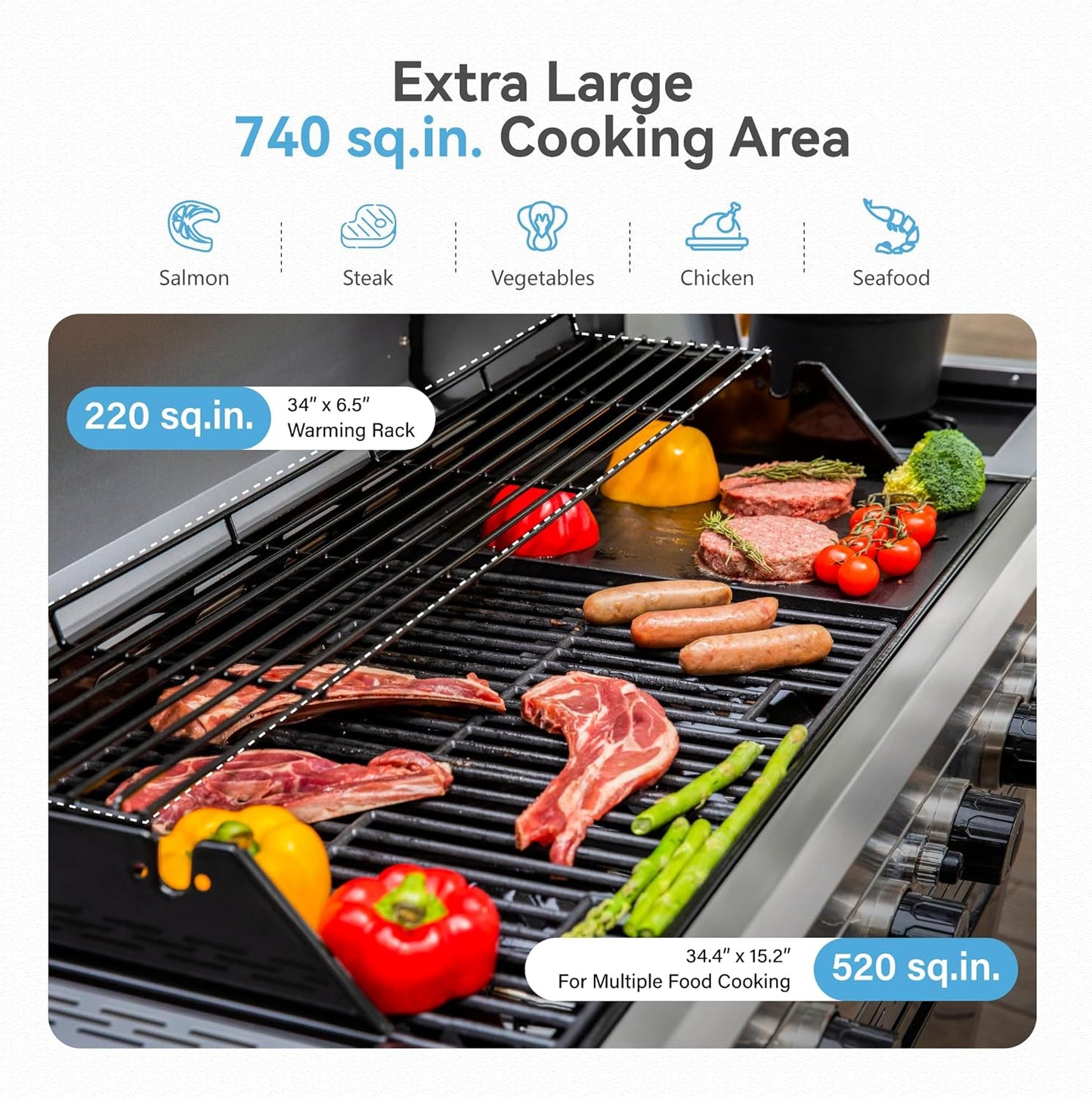 2 in 1 Propane Griddle Grill Combo, 6-Burner Propane Gas BBQ Combo Grill with Porcelain-Enameled Cast Iron Grates & Plate, 42,000 BTU with Side Stove for Outdoor Cooking Camping Patio Backyard