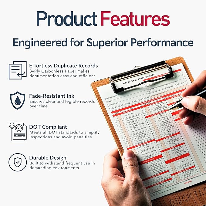 50 Pack 3-Ply Carbonless Annual Vehicle Inspection Report Forms with FMCSA Red Aluminum Adhesive Labels, DOT Inspection Forms and Stickers, Shrink-Wrapped, 8.5" x 11.75" - Made in USA