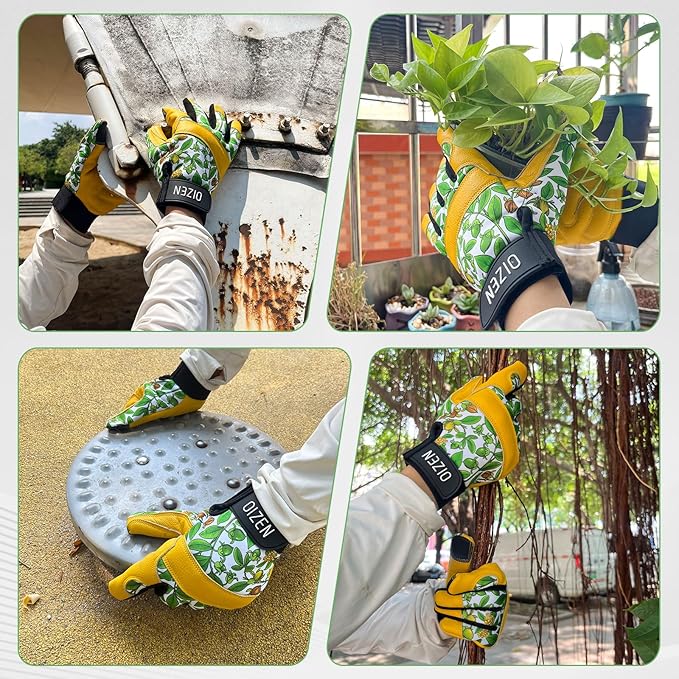 Cowhide Leather Thorn Proof & Puncture Resistant Gardening Gloves for Women, Touchscreen Compatible Working Gloves for Weeding, Digging, Planting, Gardening Gifts for Women (Green bellflowers, Medium)