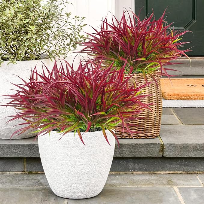 Uieke 6 Bundles Artificial Outdoor Plants UV Resistant Fake Grass Plants Faux Plastic Plants Greenery Shrubs for Home Garden Pathway Window Box Front Porch Summer Fall Decor, Deep Red