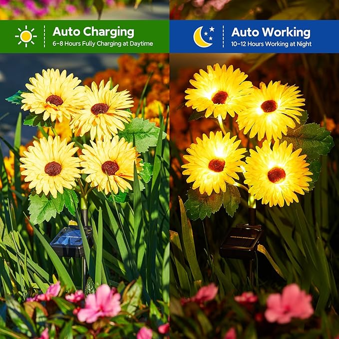 4 Pack Outdoor Solar Garden Lights with 16 Glowing Daisy Flowers & Stems, Waterproof Auto ON/Off Solar Flowers Lights for Yard Patio