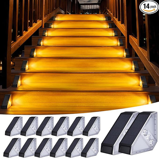 KINKAI Solar Stair Lights for Outside, 14 Pack Outdoor Step Light Waterproof LED Triangle Deck Lighting for Garden, Patio, Yard, Front Door, Porch Decor (Warm Light)