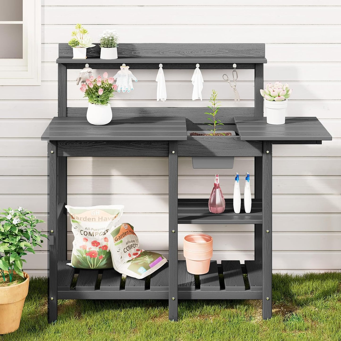 SERWALL Potting Bench Outdoor Potting Table with Sink, HDPE Potting Benches for Outside Gardening Table All Weather Use- Gray