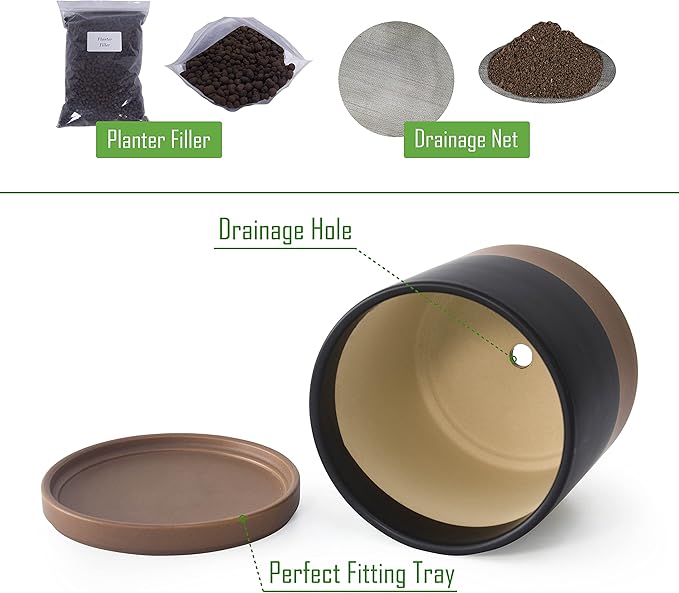 D'vine Dev 8 Inch Ceramic Planter Pot with Drainage Hole and Saucer, Indoor Cylinder Round Planter Pot, Black/Speckled Tan, 94-O-D-7