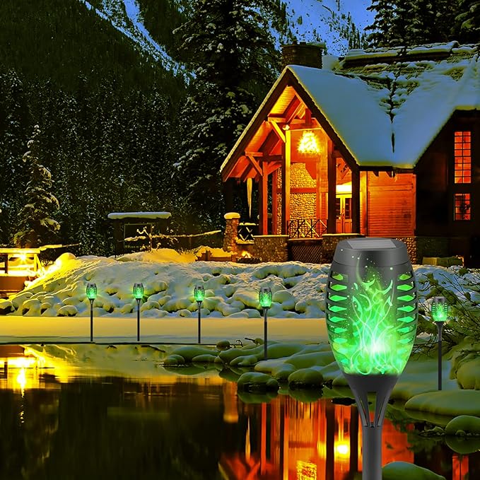 Solar Lights Outdoor Waterperoof Green,6 Pack Halloween Decorations Outdoor Solar Torches Lights Flickering Flame for Garden Decor,Halloween Lights Decor Outdoor for Yard,Halloween Decorations