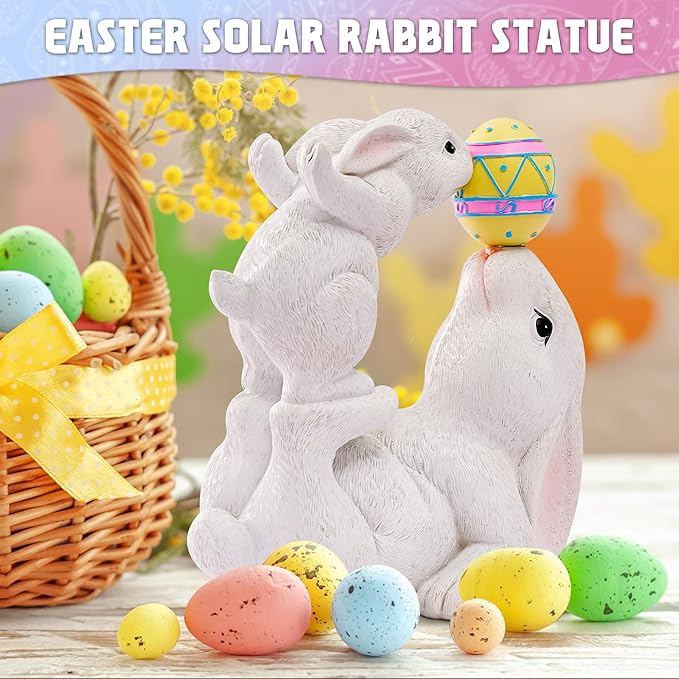 Easter Bunny Decor Solar Garden Outdoor Statues with Easter Egg LED Lights – Garden Rabbit Statue Outdoor Yard decorations for Patio,Lawn,Ornaments – Unique Easter Gifts for Birthday,Women,Mom