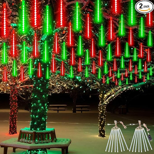 EXF 2-Pack Meteor Shower Lights Outdoor Waterproof, Rain Drop Christmas Light Total 384 LED 30cm 16 Tubes Snow Cascading String Lights Plug in for Xmas Tree Wedding Party Garden Décor (Red and Green)