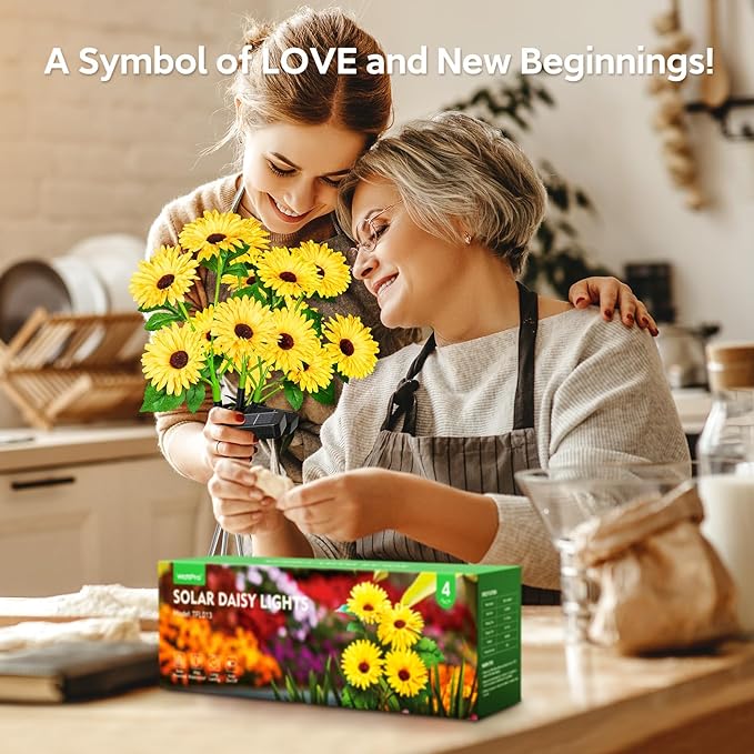 WdtPro 4 Pack Solar Lights Outdoor Garden Decor, Upgraded Outdoor Solar Garden Lights with 16 Glowing Daisy Flowers & Stems, Waterproof Auto ON/Off Solar Flowers Lights for Outside Garden Yard Patio