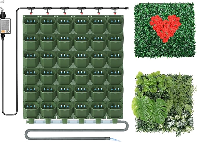 Self Watering Wall Mounted Vertical Planter, 36 Pots Wall Planter Indoor Vertical Living Green Plant Wall Easy Installation (Green with Timing System)