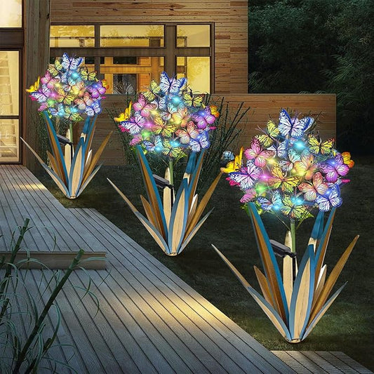 Homight Solar Metal Agave Butterfly Flower Stick Garden Sculpture Outdoor Gift Solar Garden Christmas Lights Swaying Butterfly Sunflower Garden Lights Solar Outdoor (3 PCS Blue)