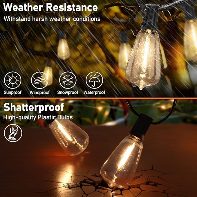 Bosceos Solar String Lights Outdoor with Remote, 27FT Solar Powered LED Lights for Outside with 16 Shatterproof ST38 Bulbs, Dimmable Light String, Patio Hanging Light for Backyard Garden Party Decor