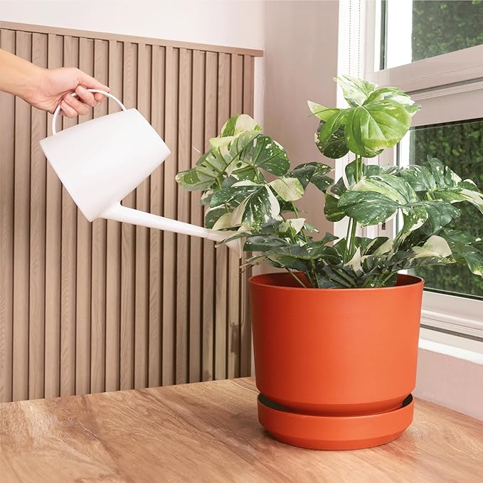 Elly Décor 12 inch Plastic Cylinder Planter Pot with Self-Watering Saucer and Drainage Hole,Lightweight & Extremely Durable, 12"x 12", Terracotta