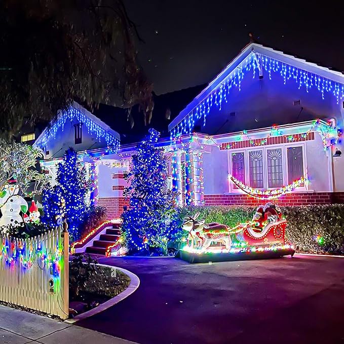 Icicle lights Outdoor - 66ft Christmas Lights with 640LED 120 Drops 8 Modes, Plug in Curtain String Lights Waterproof for Holiday Wedding Party Home Garden Bedroom Indoor Outdoor Decoration, Blue