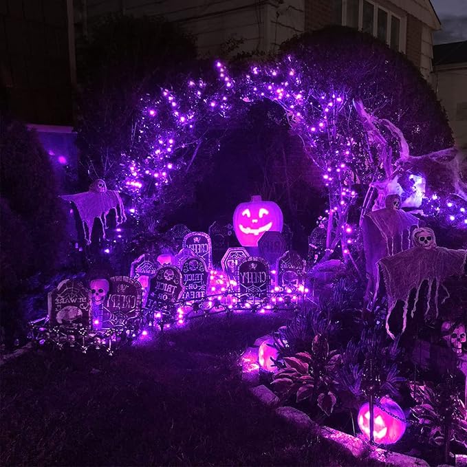 JMEXSUSS 4 Pack Purple Solar String Lights Outdoor Waterproof, 100 LED 33ft Purple Solar Fairy Lights, 8 Modes Copper Wire Christmas Light for Halloween Christmas Garden Yard Tree Decor