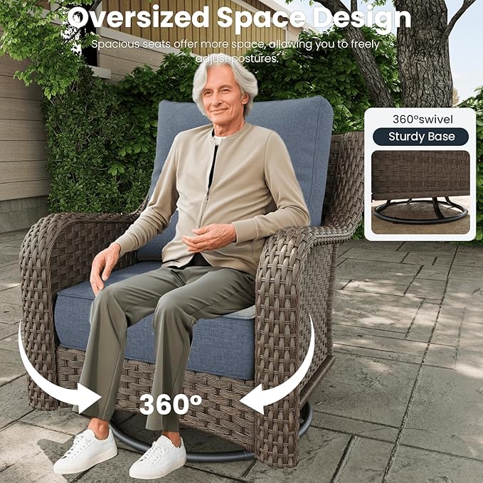 7 Pieces Outdoor Patio Furniture Sets with Rocking Swivel Chairs with 6-inch Thick Cushion and Side Table for Deck Lawn