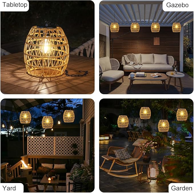 Solar Lanterns Outdoor Waterproof Light, Rattan Solar Powered Lantern for Hanging or Table Lamp Chandelier Light for Outside Patio Yard Garden Gazebo Porch Home Decorations