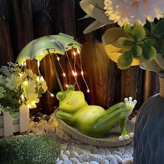 Frogs Garden Outdoor Decor Statue - Solar Frog Umbrella Pond Statues LED Waterproof, Resin Cute Animal Sculpture Lights, Ideal Ornament for Yard Lawn Patio, Women/Gardening Decoration Gifts