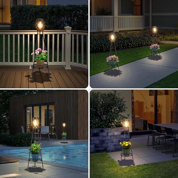 2 Pack Solar Lights Outdoor with LED Edison Bulbs, Vintage Style Solar Floor Lamp with Plant Stands, Weatherproof Garden Lights for Pathway, Patio, Yard, Porch Decor 8-10 Hours Lighting