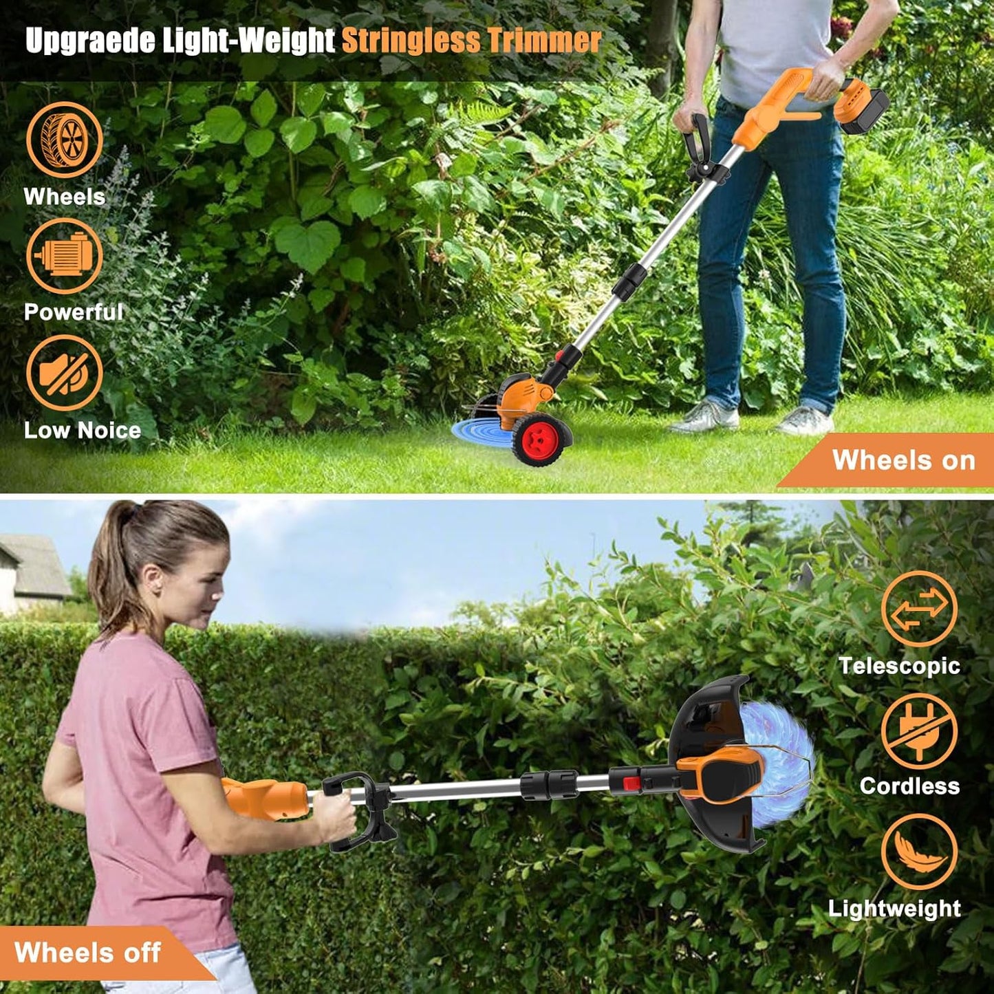Cordless Weed Wacker Electric Eater Battery Powered, 21v Lightweight Weed Trimmer With 2 4.0Ah Battery Operated & Charger & Wheels & Shears, 3 In1 Grass Trimmer/Brush Cutter/Edger for Yard Garden Lawn