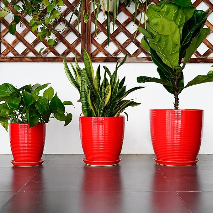 Ceramic Planter 10 Inch - Ceramic Pot for Plants Large Plant Pot Indoor with Drainage Hole and Saucer Round Outdoor Planter Modern Flower Pot for Garden House Red