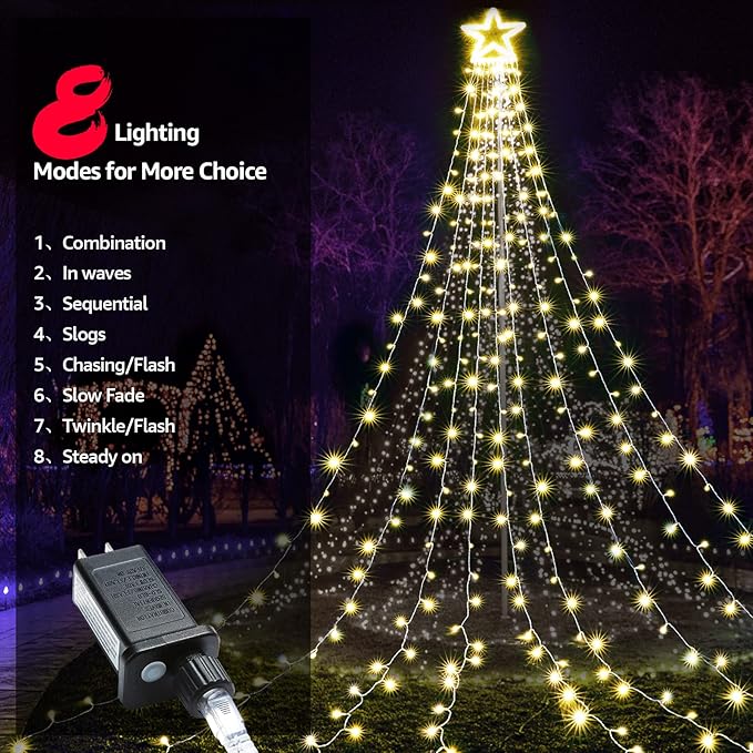 BlcTec Outdoor Christmas Decorations, 317 LED Christmas Lights with 9 Strands 11.9ft Waterfall Christmas Tree Lights, 8 Modes, Waterproof, Topper Star & Timer for Yard Patio Xmas Décor, Warm White