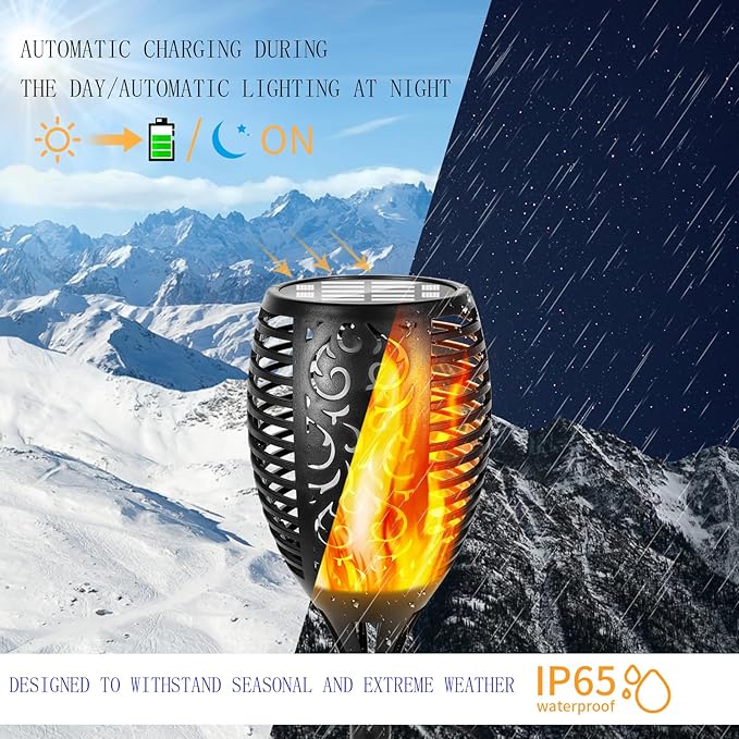 I-SHUNFA 96 LED Outdoor Waterproof Solar Torch Lights with 3 Modes—Flickering Flame, Fade Effect, or Full Brightness Automatic On/Off Landscape Decorations and Security Lights (4, Warm)