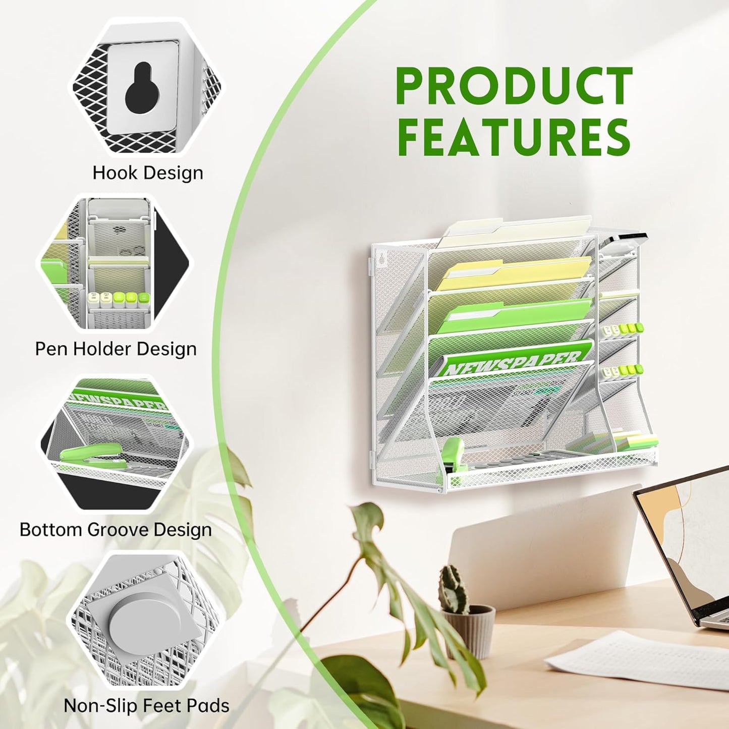 SUPEASY Wall File Organizer, 5-Tier Desk Organizer with 4 Pen Holders, Wall Organizer for Office with R-shaped Bottom Tray, Desk Organizers and Accessories for Office Supplies, White