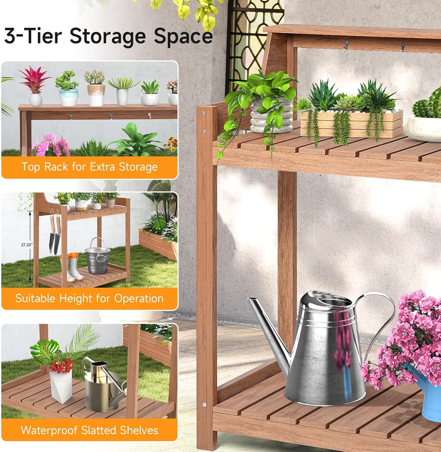 HDPS Potting Bench, All Weather Potting Table with 8 Hooks and Highten Tabletop, Easy Assembly Garden Work Bench, Outdoor Potting Benches for Outside Patio Lawn, 360LBS Capacity, Teak