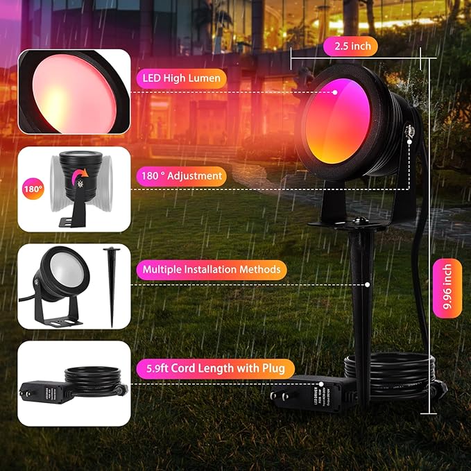 Spotlight Outdoor Control with Smart APP, 2 Pack 15W RGBW Landscape Lighting, Dimmable Color Changing IP67 Waterproof Spot Light Warm Flood Light for House Pathway Garden Yard Tree