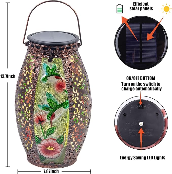 Outdoor Solar Lantern-Waterproof Hummingbird Hanging Metal Decorative Lights for Patio Table Garden Pathway Yard with Super Bright Warm White LED, Large Solar Panels, Auto On/Off
