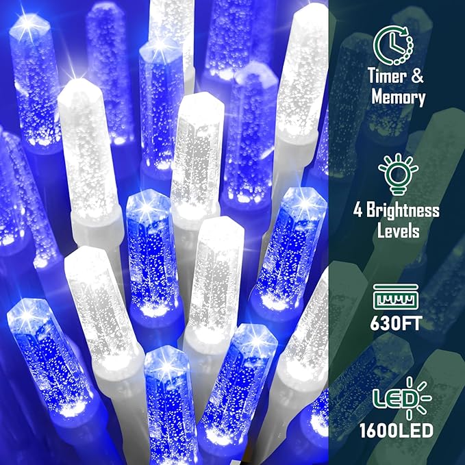 Heceltt 1600 LED 630 FT String Lights Outdoor, 8 Modes Christmas Lights, IP44 Waterproof Led String Lights with Timer and Memory for Christmas Home Party Tree Decorations (Blue and White)