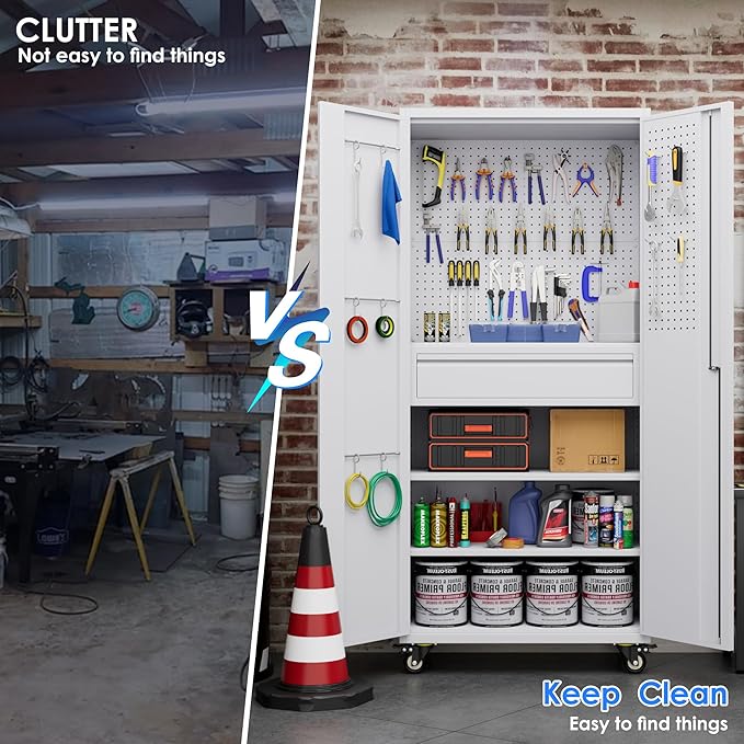 Metal Garage Cabinet with Wheels,71''H Rolling Lockable Steel Tool Cabinet with Pegboard & Drawer for Garage,Home,Office Assembly Required,White