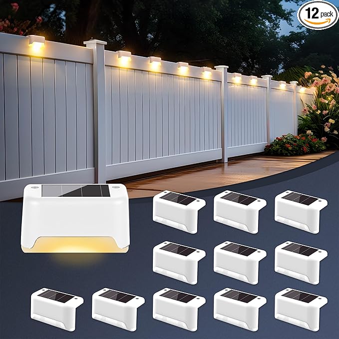 Solar Deck Lights Outdoor Waterproof 12Pack, Solar Powered Step Lights for Outside Stairs, Step, Fence, Yard, Patio, and Pathway(Warm White)