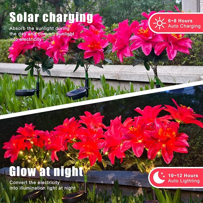 Neporal Solar Flowers Outdoor Waterproof Pink, Decorative Garden Lights Solar Powered Dusk to Dawn, 8-Stem, 2 Lighting Modes Plants Lights for Yard, Backyard, Porch (Modern, 2, Count)