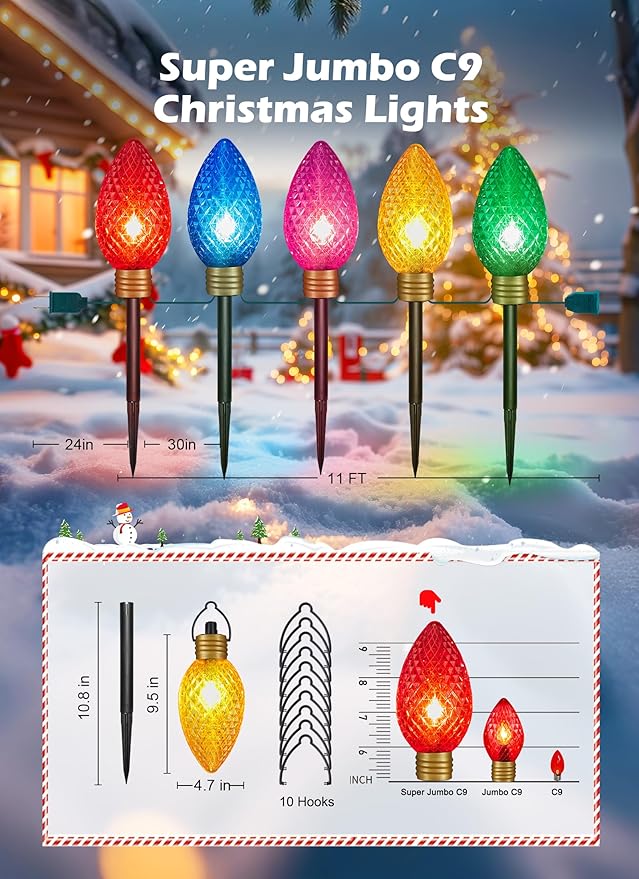 Brightown Super Jumbo C9 Christmas Pathway Lights Outdoor - 11 Feet 5 LED Strawberry Jumbo C9 Pathway Lights, Giant Christmas Lights Outdoor Decorations for Lawn Holiday Yard Outside, Multicolor