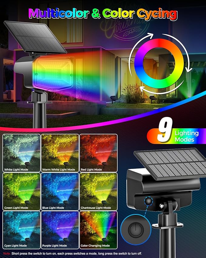 Solar Lights Outdoor Color Changing, 85 LEDs 9 Lighting Modes RGB Solar Outdoor Lights, IP67 Waterproof Multicolor Landscape Spotlights for Halloween Holiday Decorations (6 Pack)