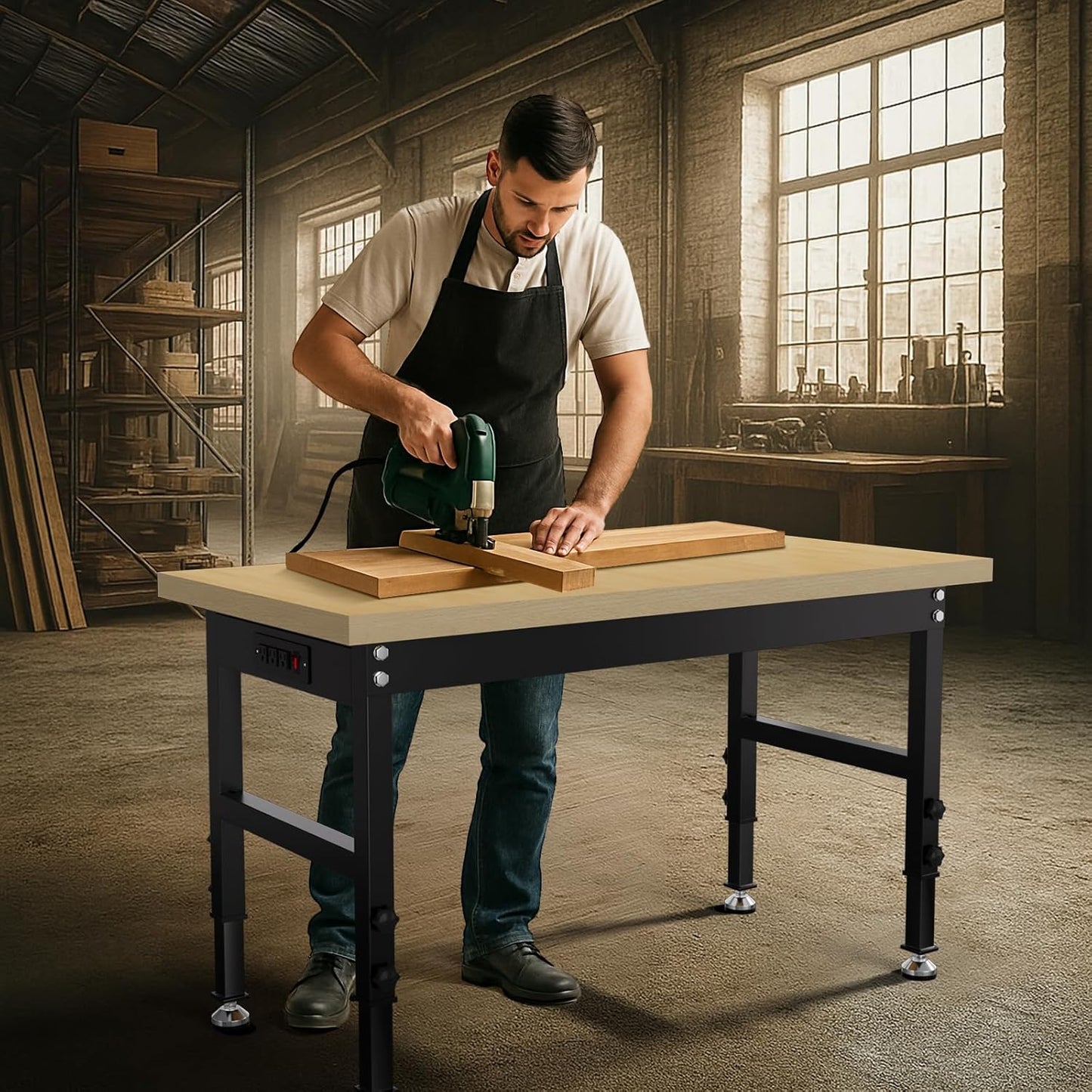 48" Adjustable Workbench, Work Bench Table with Power Outlet, Metal Tool Bench Work Bench for Garage, Large Load Capacity Garage Workbench for Workshop,Office,Home