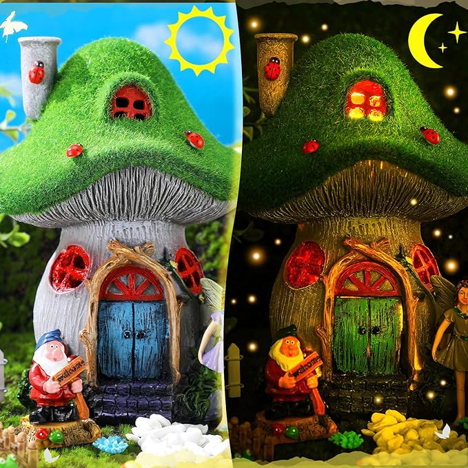 Suzile 50 Pcs Solar Fairy House Garden Accessories Light up Flocked Fairy House Garden Kit Green Resin Miniature Mushroom Figures Micro Landscape Ornament(Mushroom House)