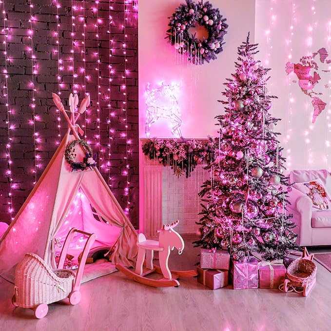 300 LED Pink String Lights, 99ft Pink Christmas Lights Outdoor 8 Modes Clear Wire, Plug in Waterproof Twinkle Fairy Lights for Bedroom Indoor Wedding Christmas Party Decorations