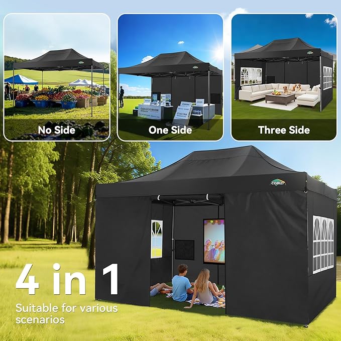 COBIZI 10x15 Pop up Canopy Tent Heavy Duty with 4 Sidewalls, Easy Set-up Commercial Outdoor Party Tent, 100% Waterproof Wedding Canopy Gazebo, 3 Height Adjustable with Handbag, Black