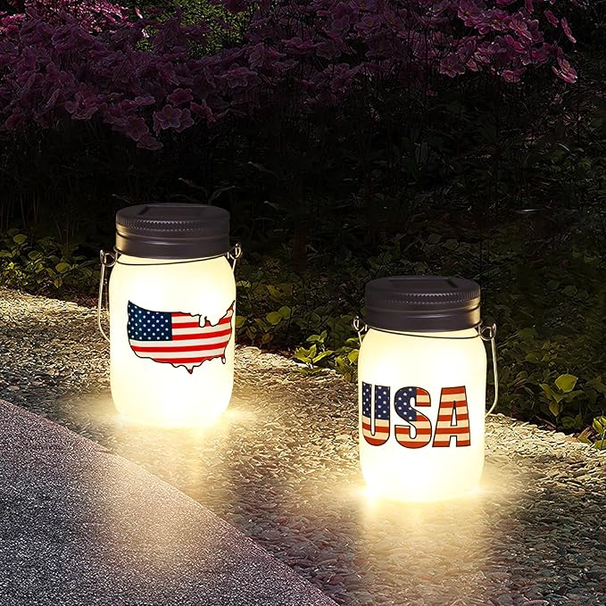Solar Lanterns Outdoor Waterproof Tabletop - The USA Flag Outdoor Waterproof Hanging Solar Lights Glass Jar for Garden,Patio,Pathway & Yard Decor 2 Pack