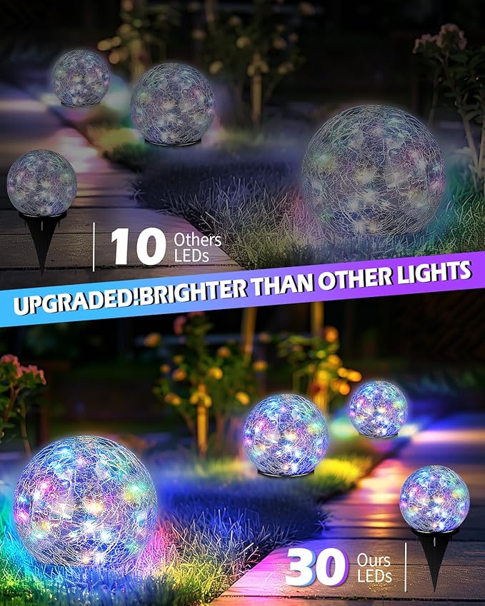 Garden Solar Ball Lights Outdoor Waterproof, 30 LED Cracked Glass Globe Solar Power Ground Lights for Path Yard Patio Lawn, Christmas Decoration Landscape Colorful (2 Pack 3.9'')