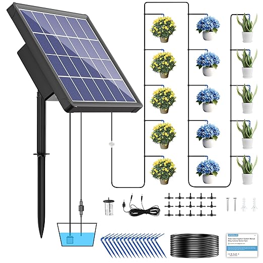NFESOLAR Solar Drip Irrigation System Outdoor with 2200mAh Battery Backup, 6 Timing Modes, Supported 15 Pots Plants, Solar Watering System for Garden Green House